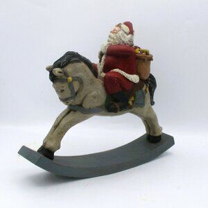 Vtg Hand Painted Ceramic Clay Santa Claus On Rocking Horse Holiday Decor 10" X 9